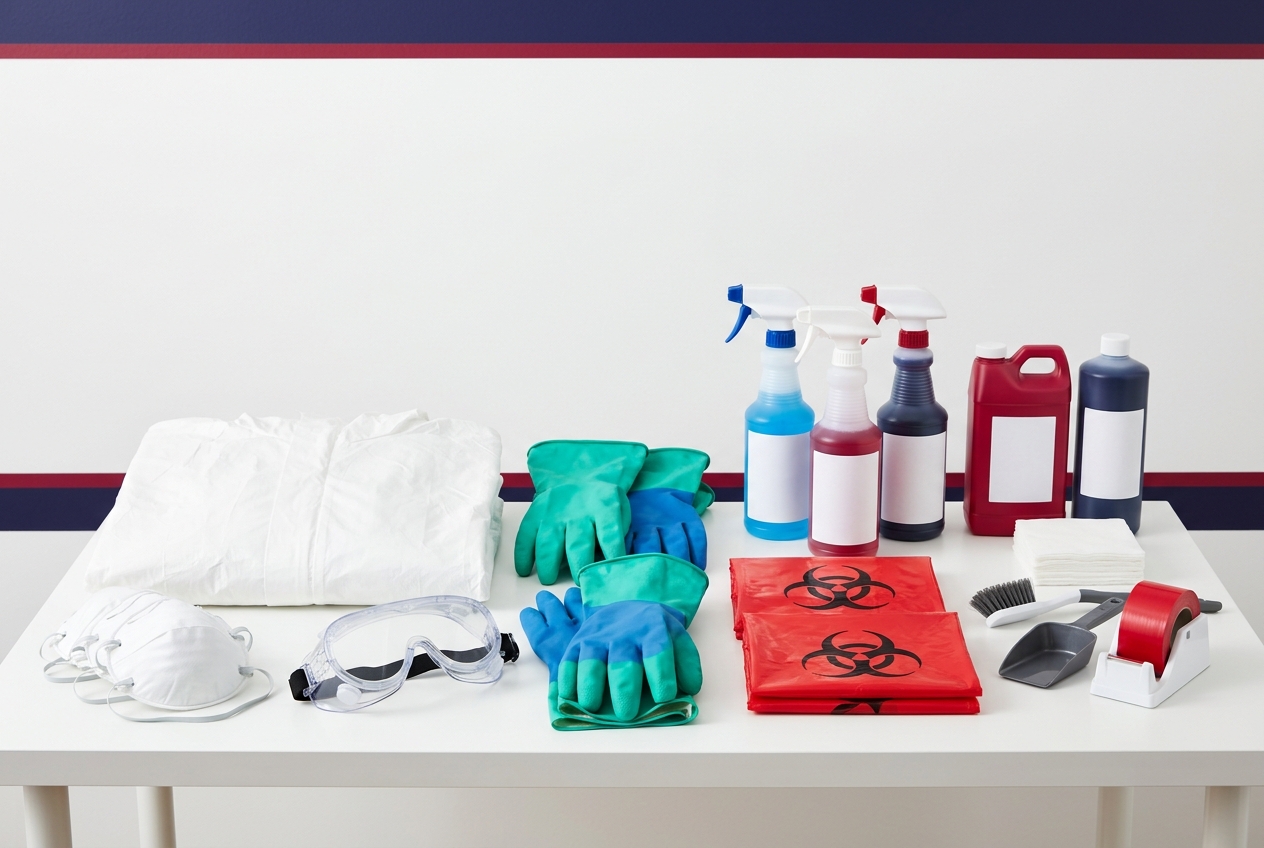 Biohazard remediation PPE and cleaning supplies including respirators, gloves, goggles, and biohazard disposal bags
