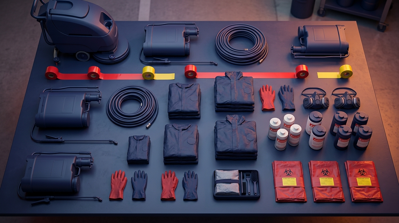 Professional biohazard cleanup equipment and protective supplies arranged for remediation work in San Francisco