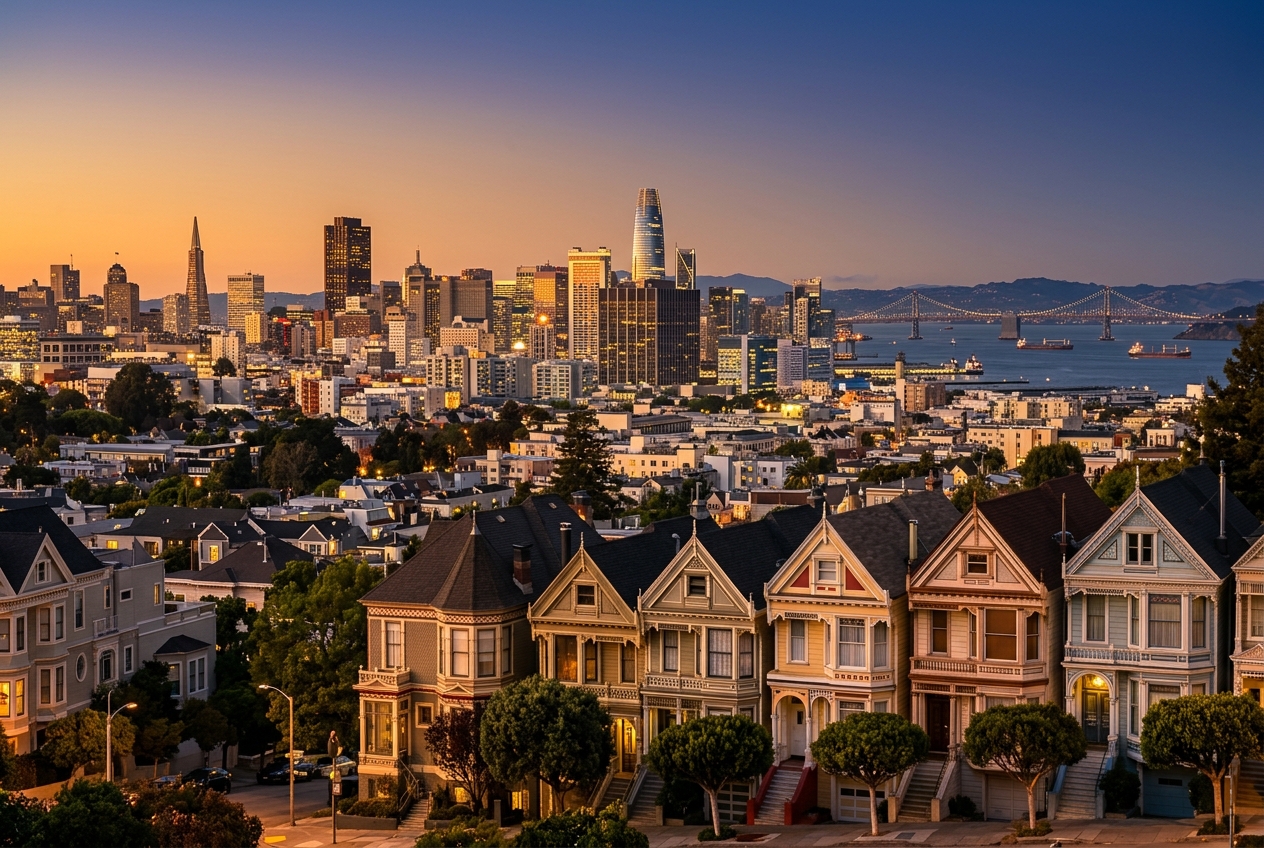 San Francisco Bay Area cityscape with Victorian row houses and downtown skyline at golden hour