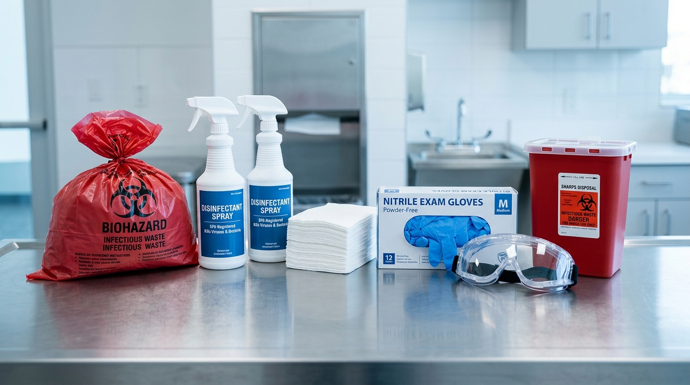Professional blood cleanup supplies including biohazard bags, disinfectant, nitrile gloves, and sharps container arranged for remediation work in San Francisco