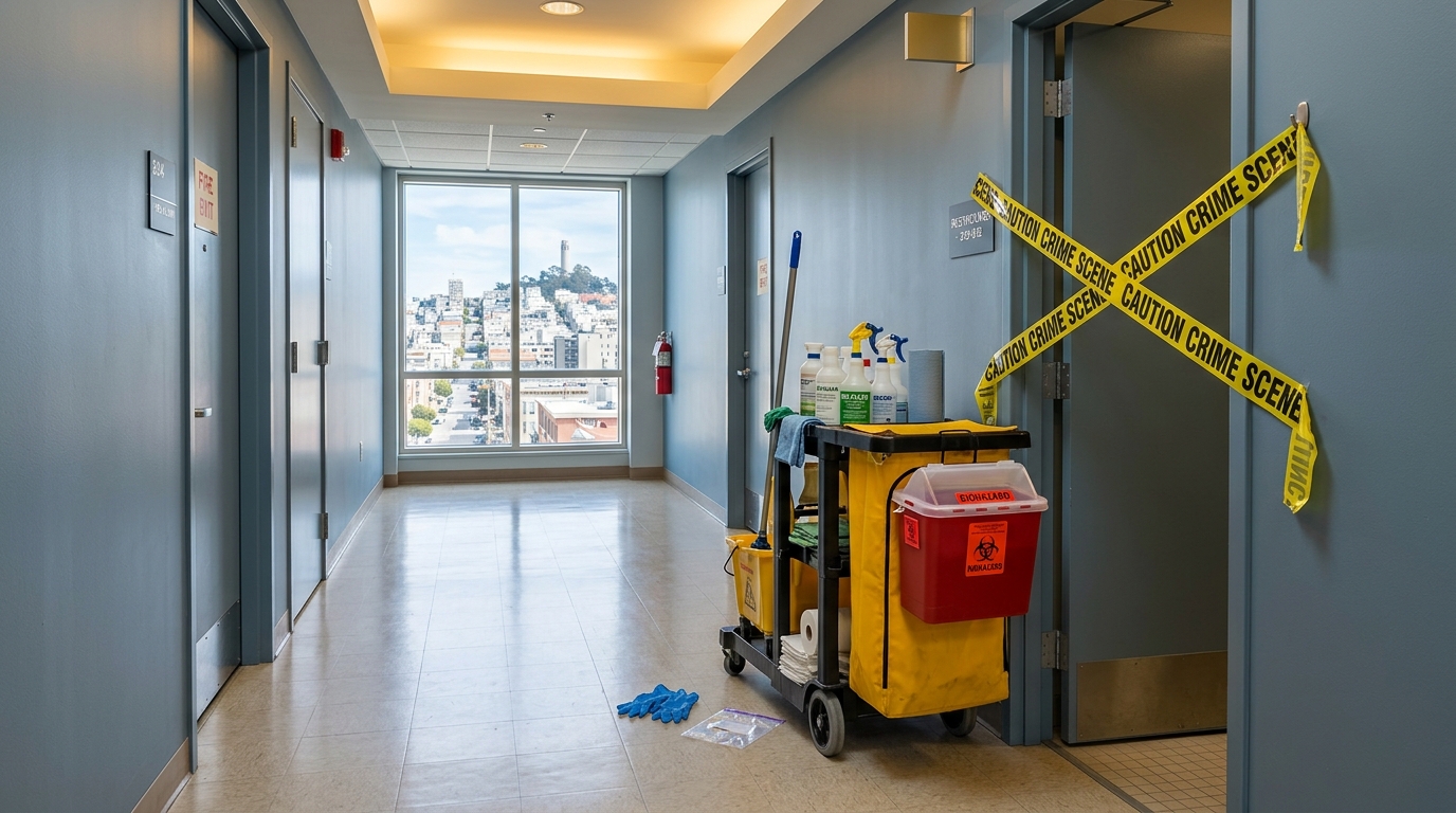 Professional crime scene cleanup equipment and biohazard containment supplies in a San Francisco commercial building hallway