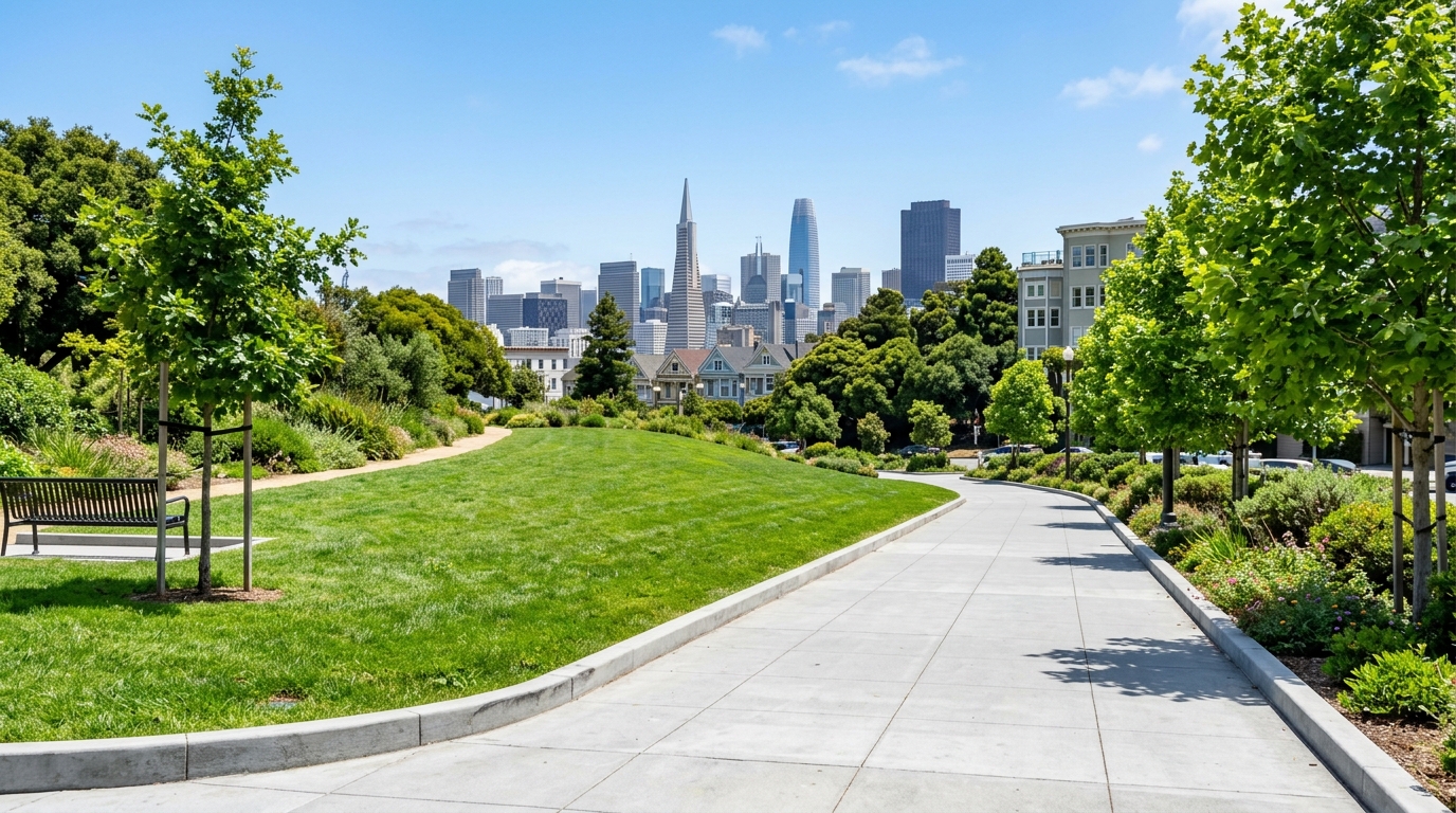 Clean restored public green space and sidewalk with San Francisco downtown skyline in the background after professional site remediation