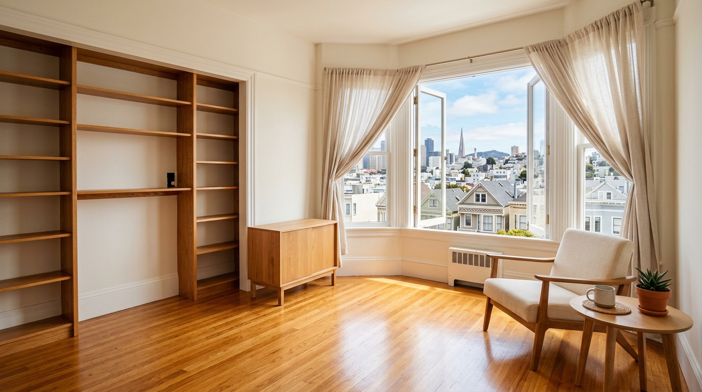 A restored San Francisco apartment living room with clean hardwood floors, empty shelving, and natural light after professional hoarding cleanup
