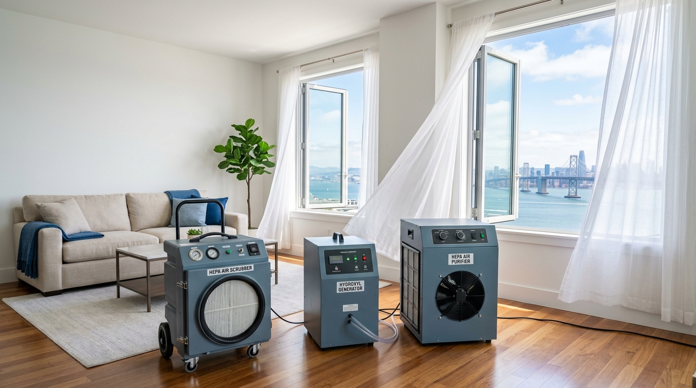 Professional air scrubber, hydroxyl generator, and HEPA air purification equipment set up in a San Francisco apartment with Bay Bridge visible through window