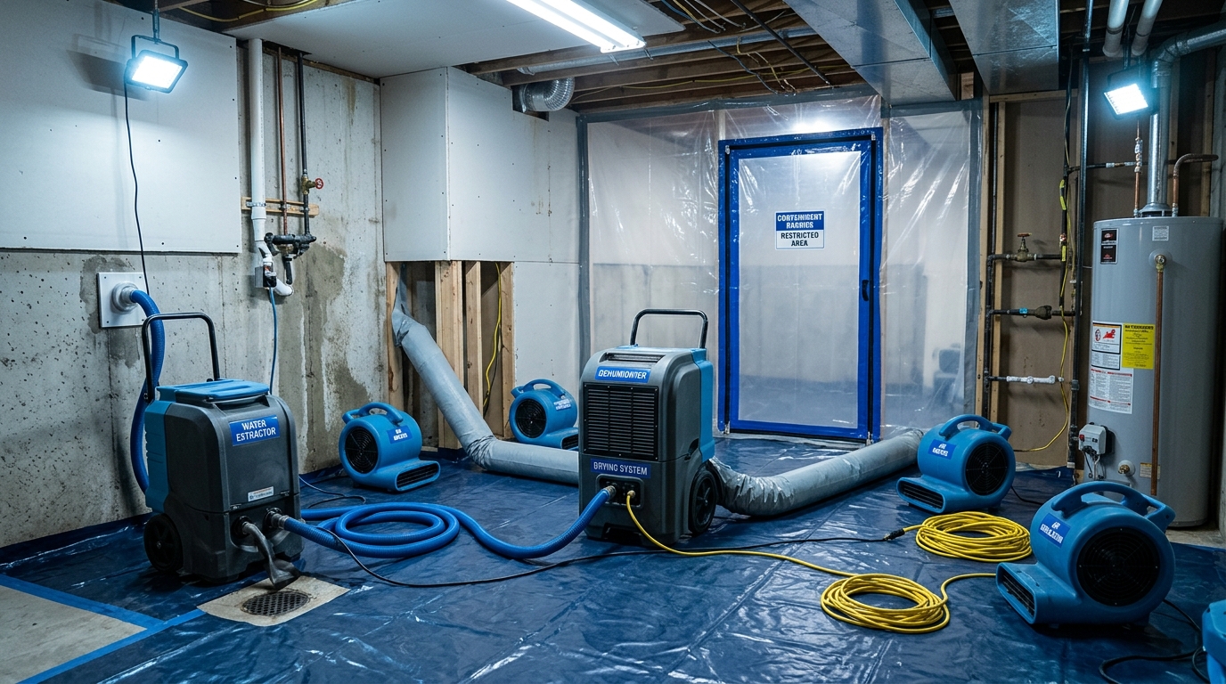 Professional water extraction and drying equipment set up in a basement for sewage backup remediation in a San Francisco property