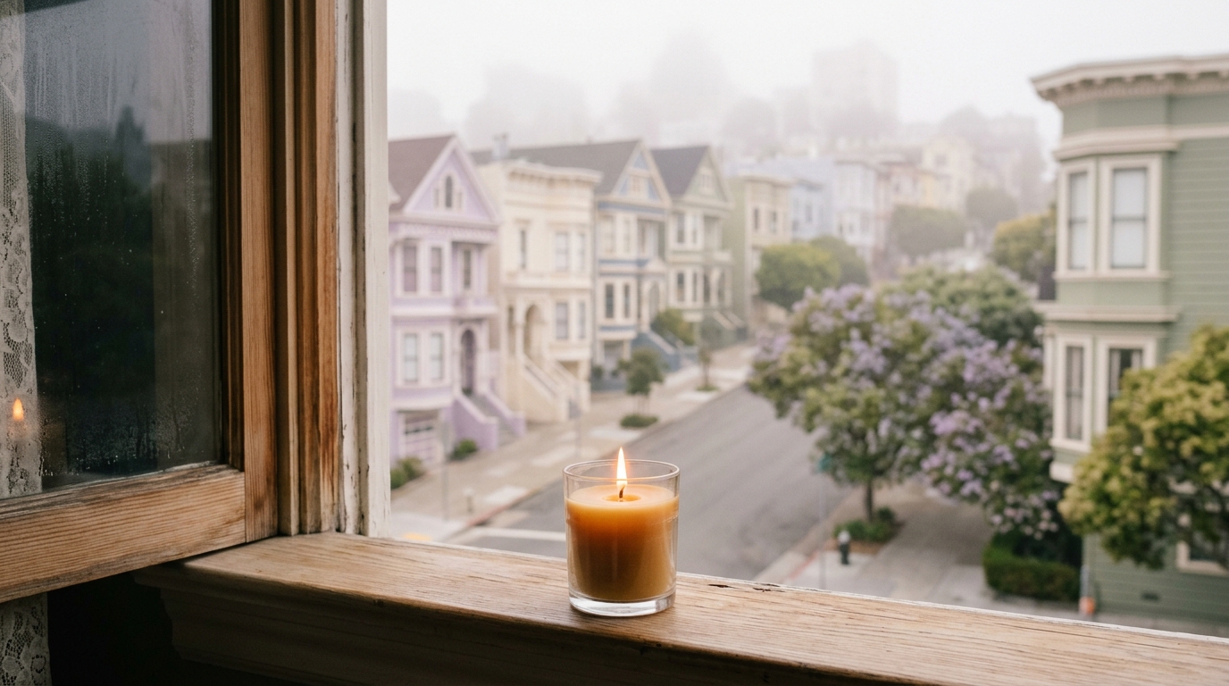 A peaceful San Francisco neighborhood with soft morning light on Victorian houses and a lit candle on a windowsill conveying compassion and remembrance