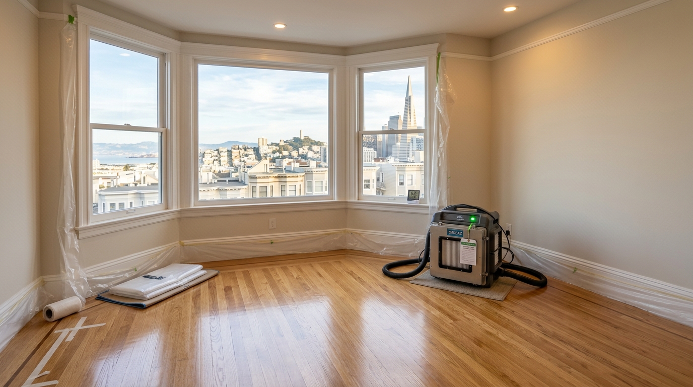 A clean restored room in a San Francisco residential building with hardwood floors, HEPA air filtration unit, and city skyline visible through bay windows