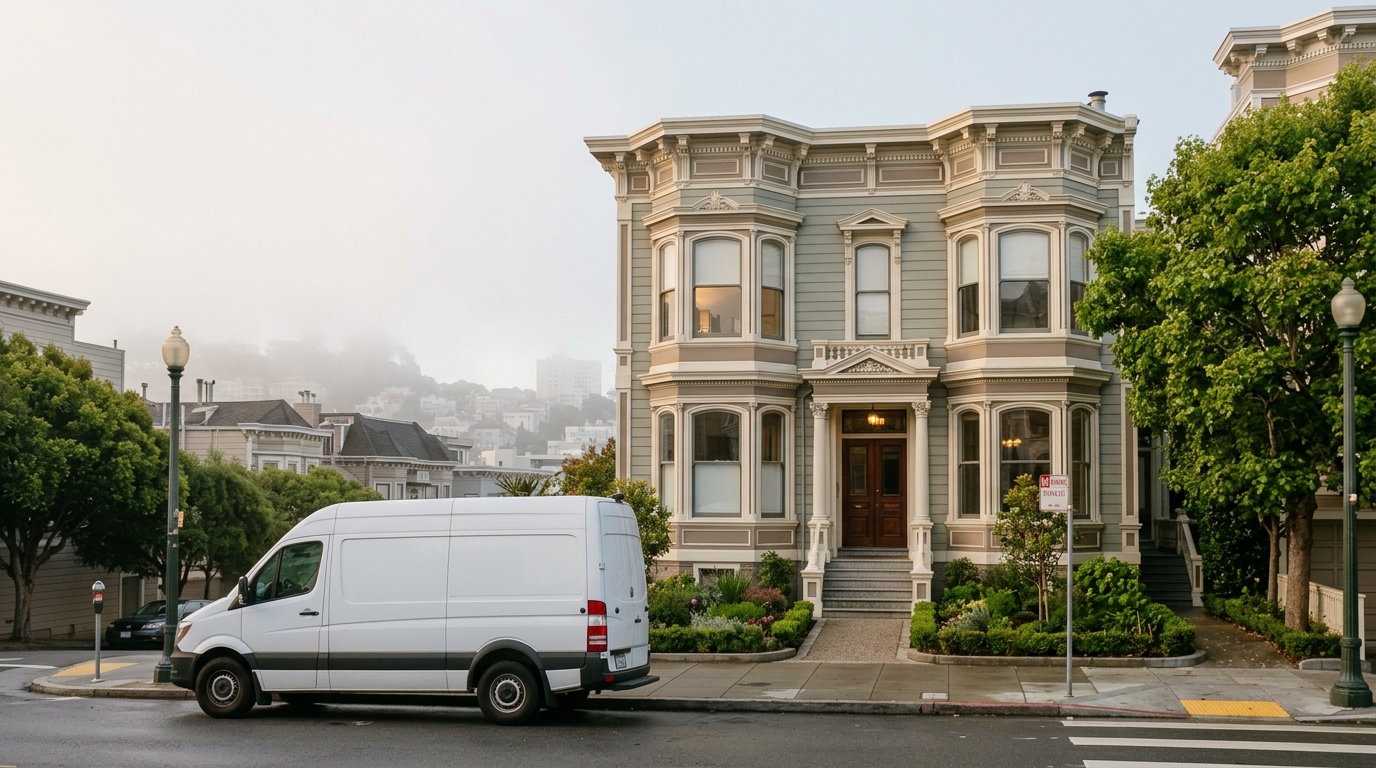 Discreet professional service vehicle parked outside a Victorian residential building in a San Francisco neighborhood during early morning fog